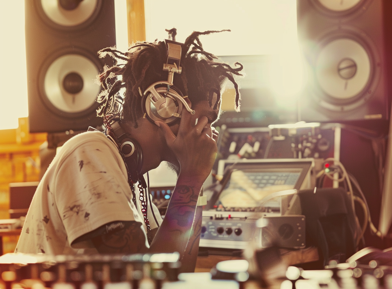 Hip young man producing music in studio