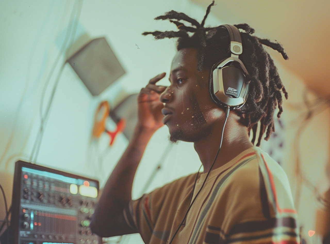 Hip young man with dreads producing music