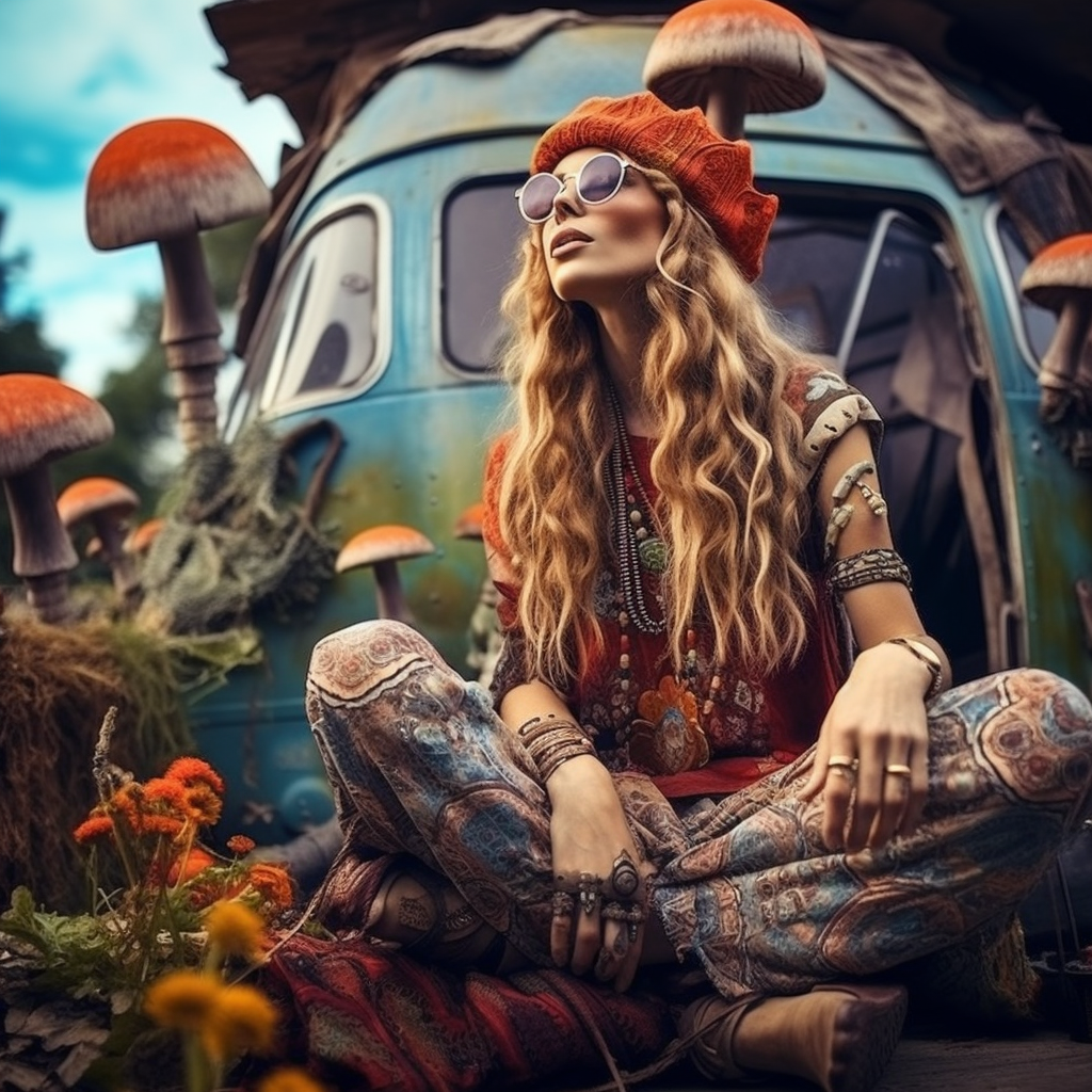 Outdoor photo of a peaceful hippie girl with mushrooms