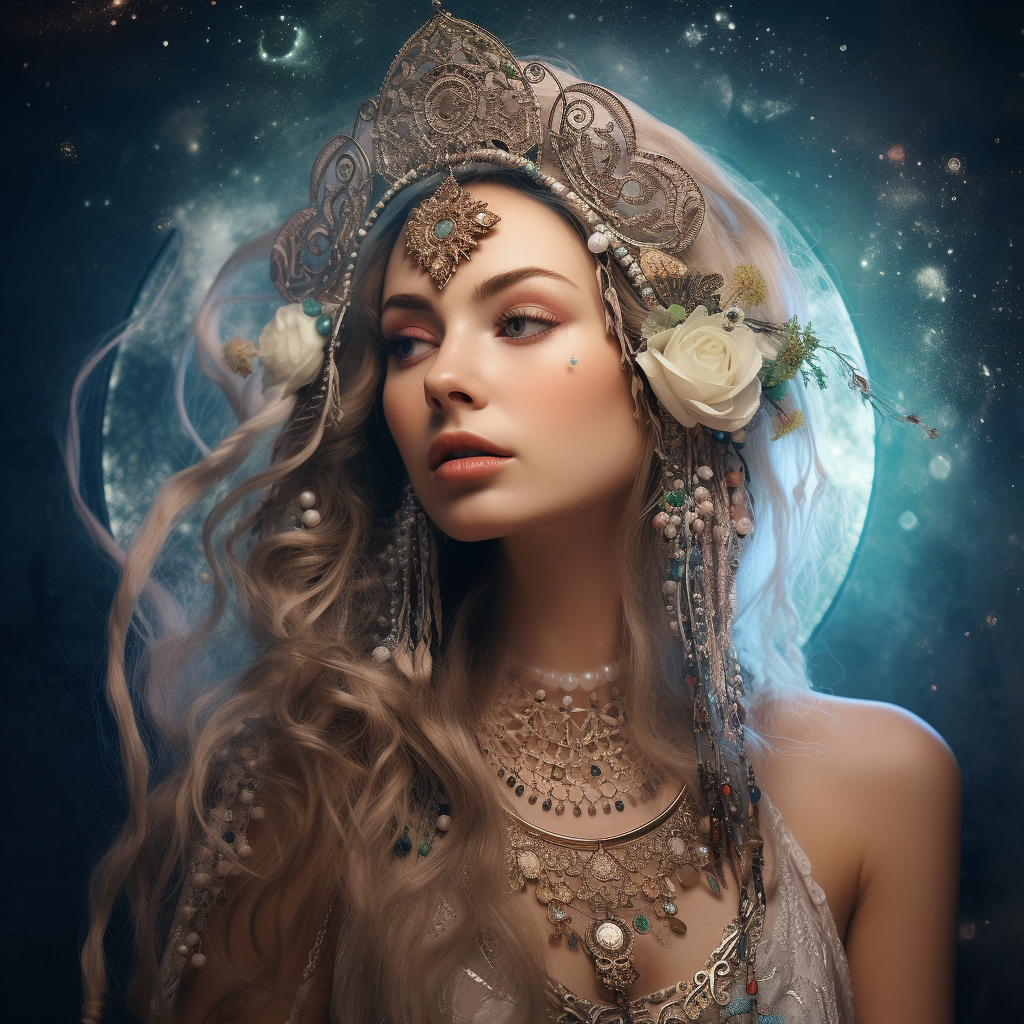 Beautiful hippie moon goddess embracing her inner spirit