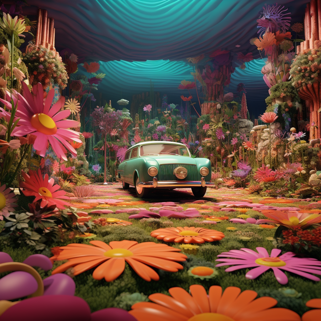 Colorful hippy scene backdrop with flowers