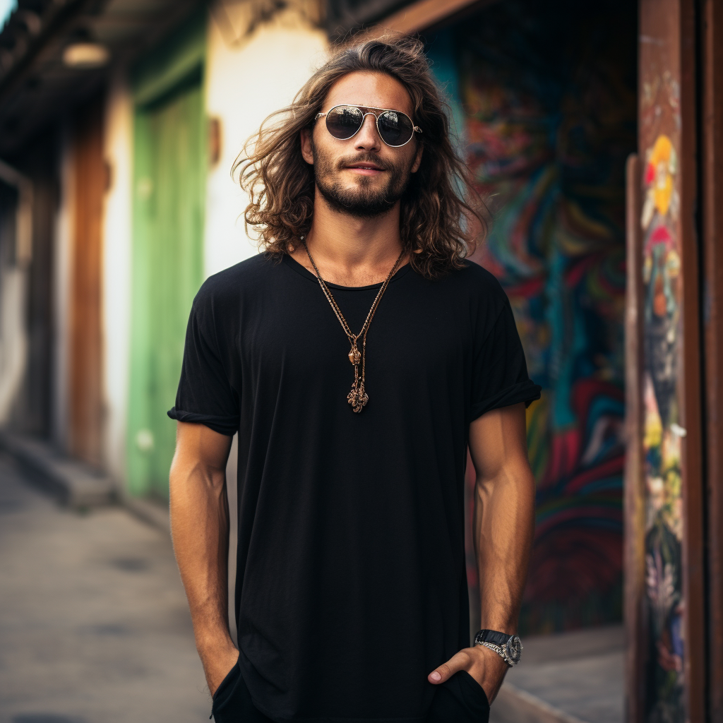 Hippie Style Man in Black T-Shirt