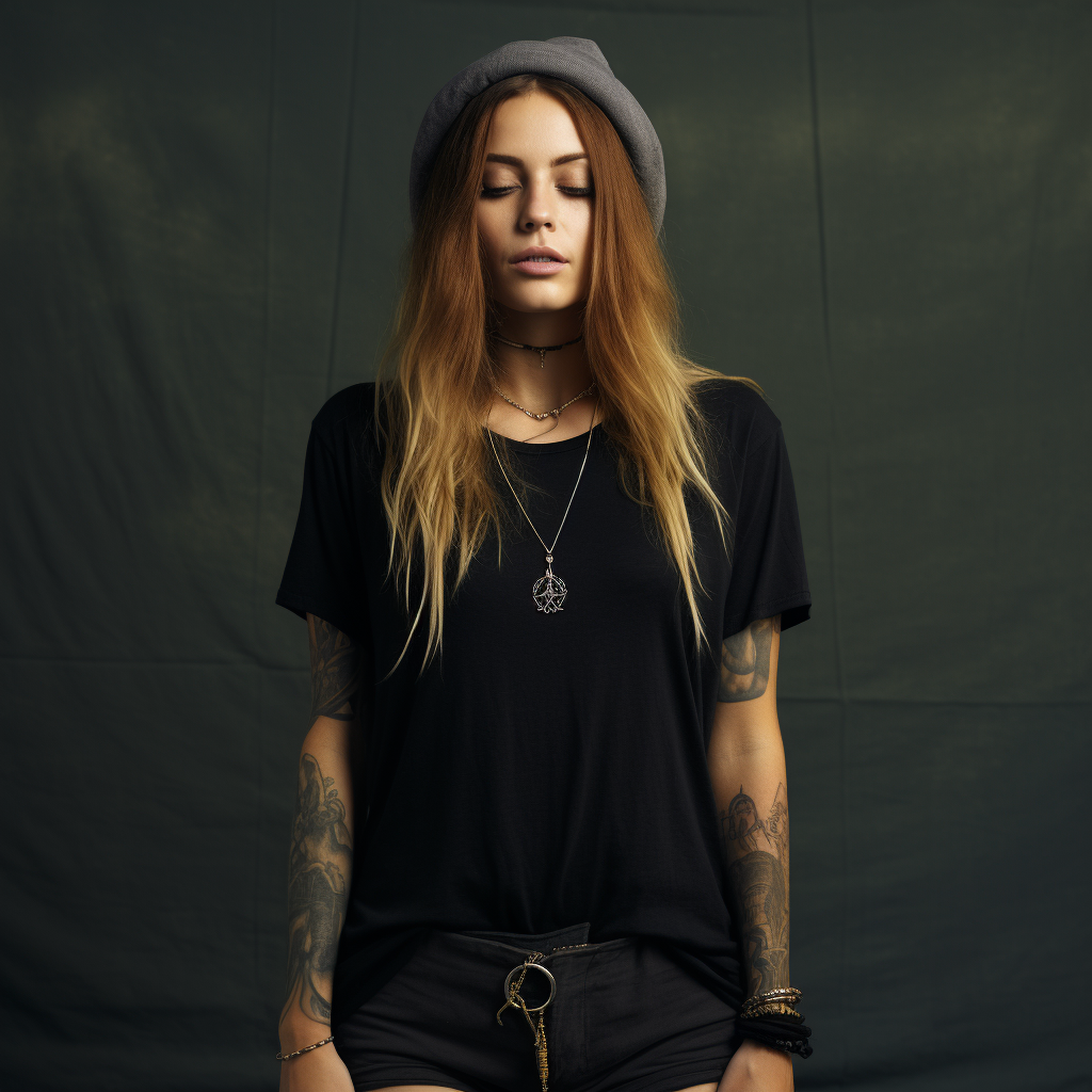 Stylish hippie woman wearing black t-shirt