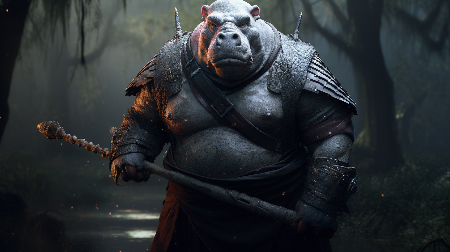 Hippo Person Paladin in Fantasy Scene