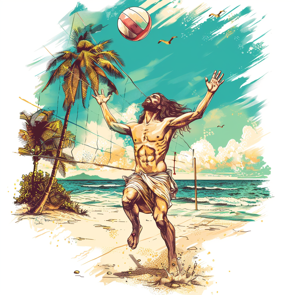 Hippy Jesus Playing Volleyball Beach