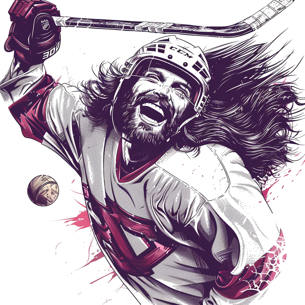 Jesus playing hockey with hippy style