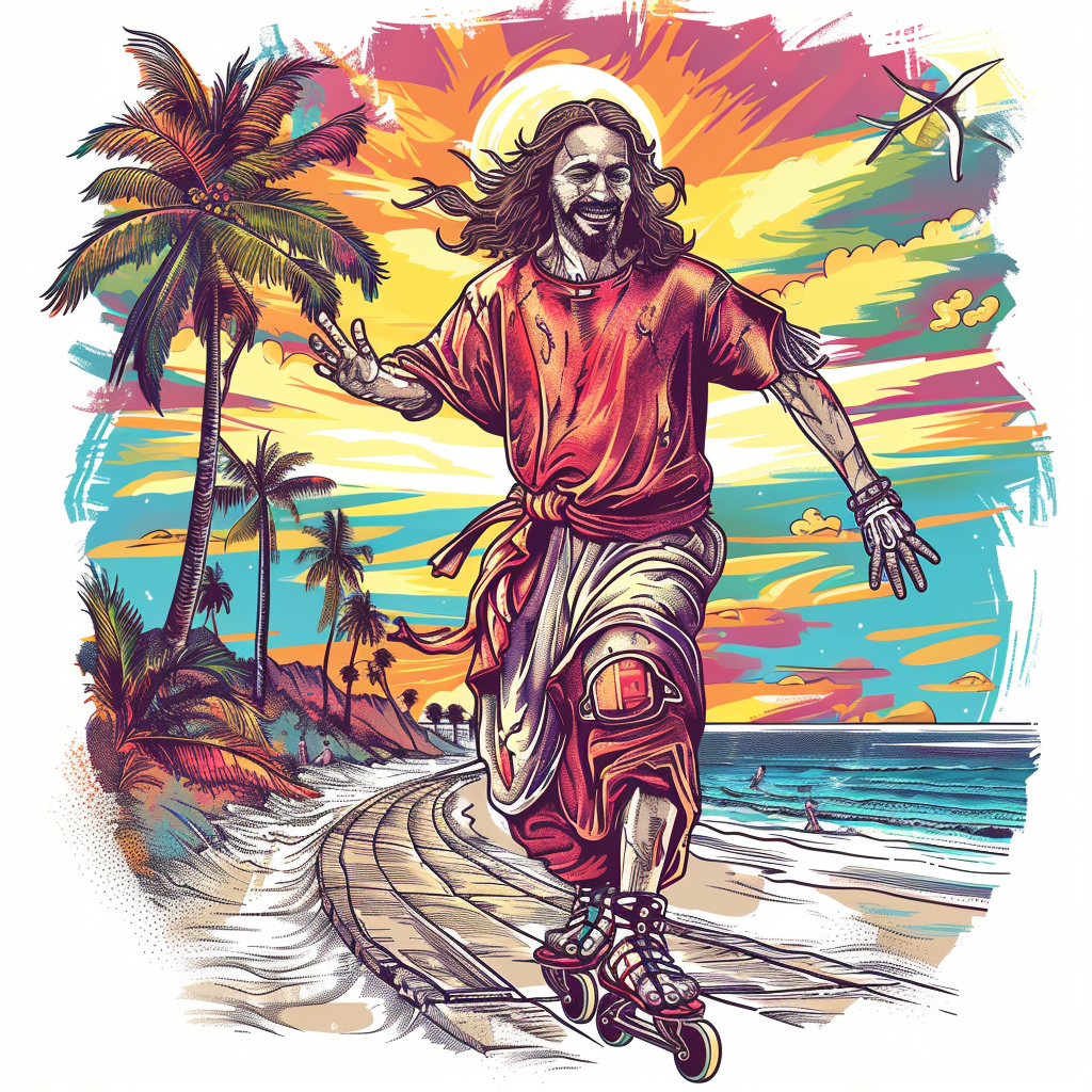 Hippy Jesus Rollerblading Beach Sunset