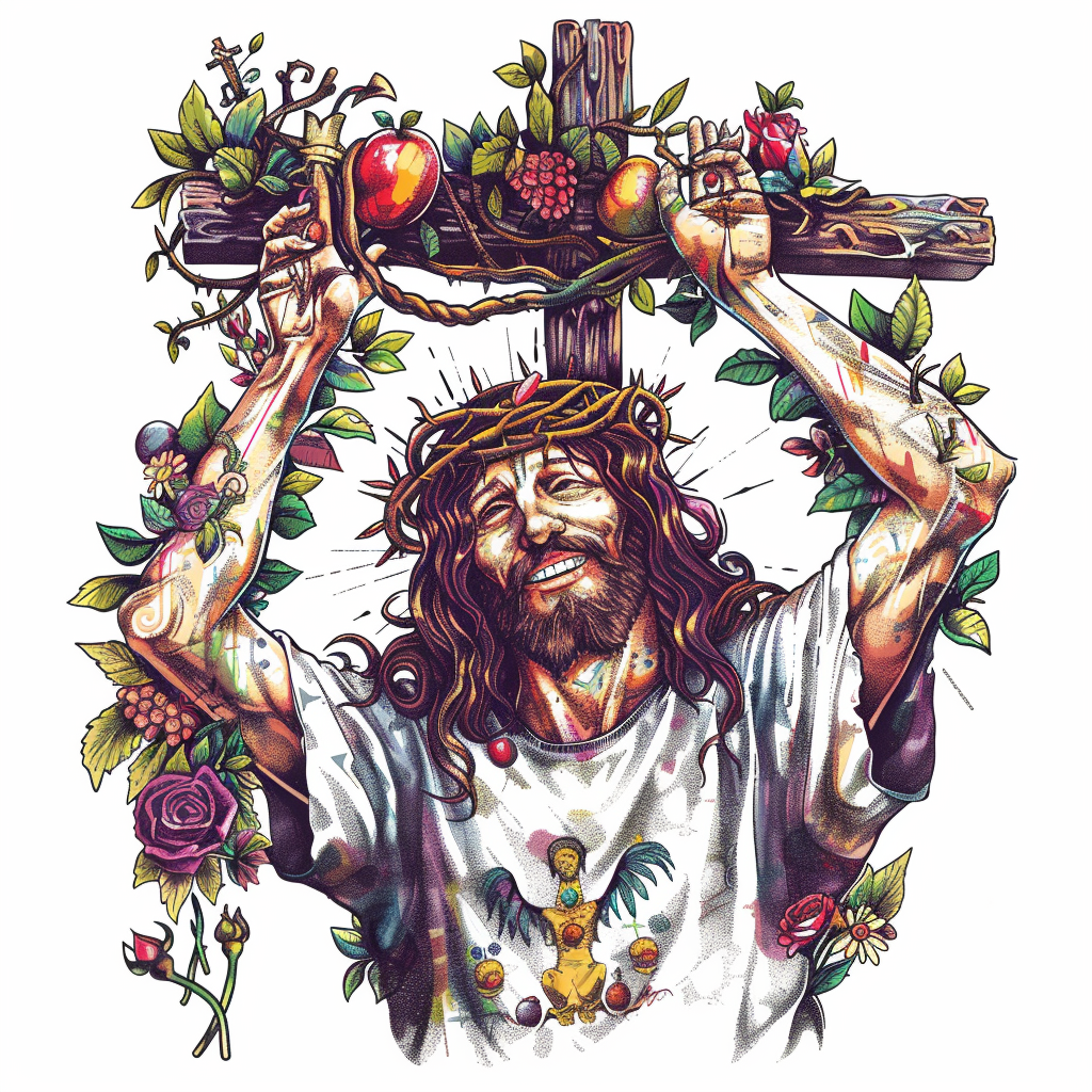 Hippy Jesus smiling holding cross