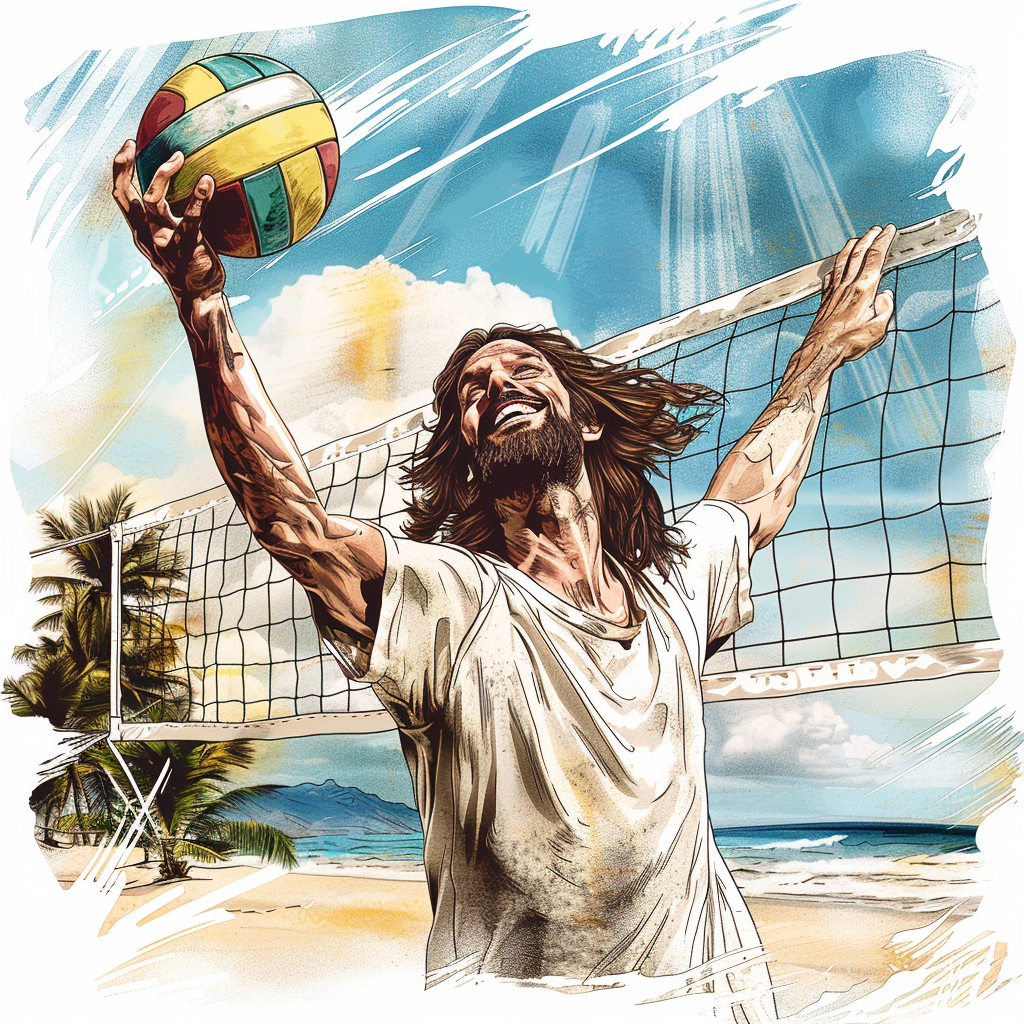 Hippy Jesus Spiking Volleyball Image