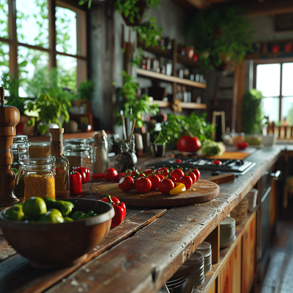 Hipster healthy cooking show set at island table