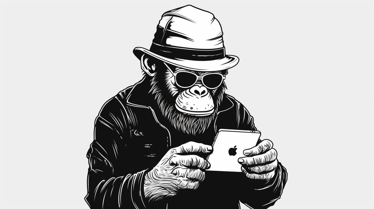 Hand drawn chimpanzee holding smartphone