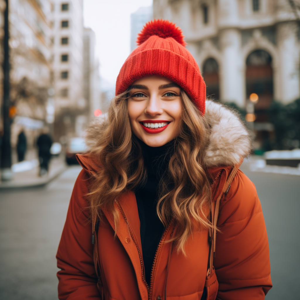 Smiling hipster woman in red winter jacket in the city