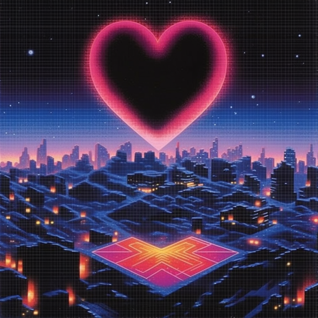 Dark cyberspace art print with pink heart