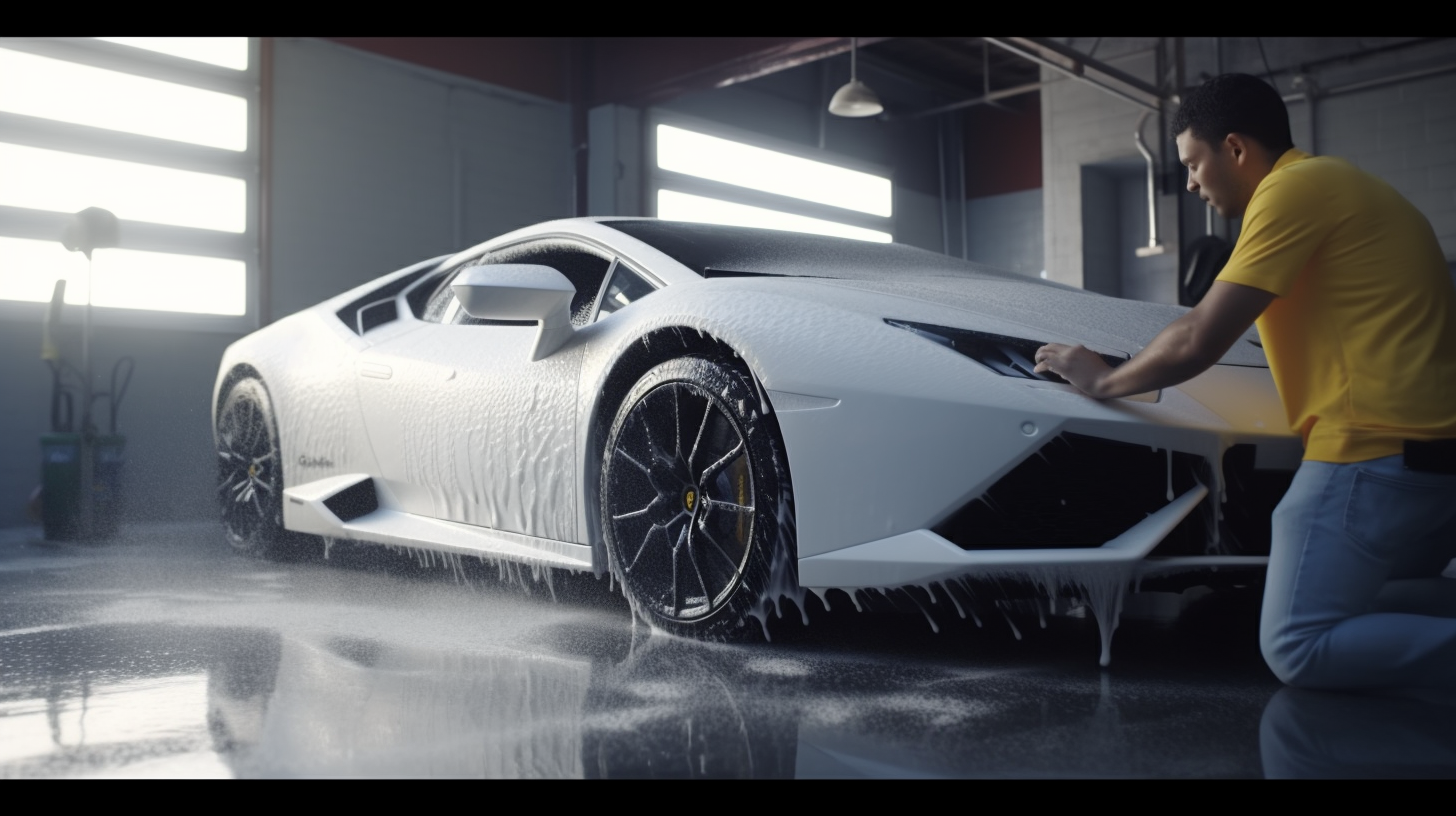 Hispanic car wash attendants detailing sports car with soapy foam