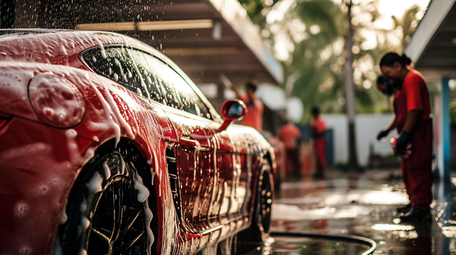 Hispanic attendants detailing car with soapy foam