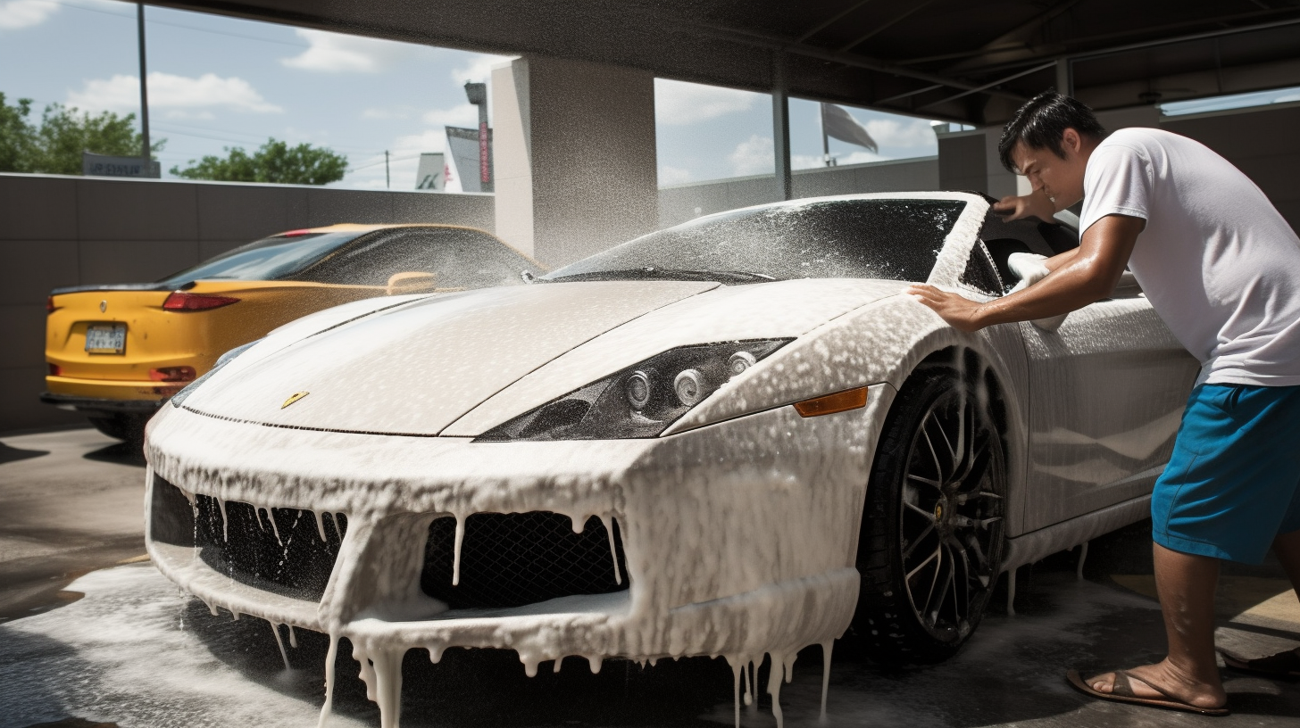 Hispanic Car Wash Attendants with Soapy Foam on Sports Car