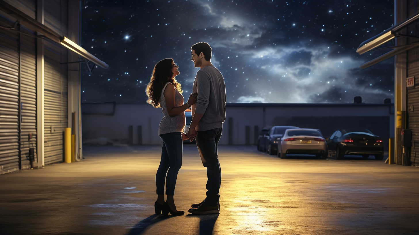 Hispanic couple embracing in city garage at night