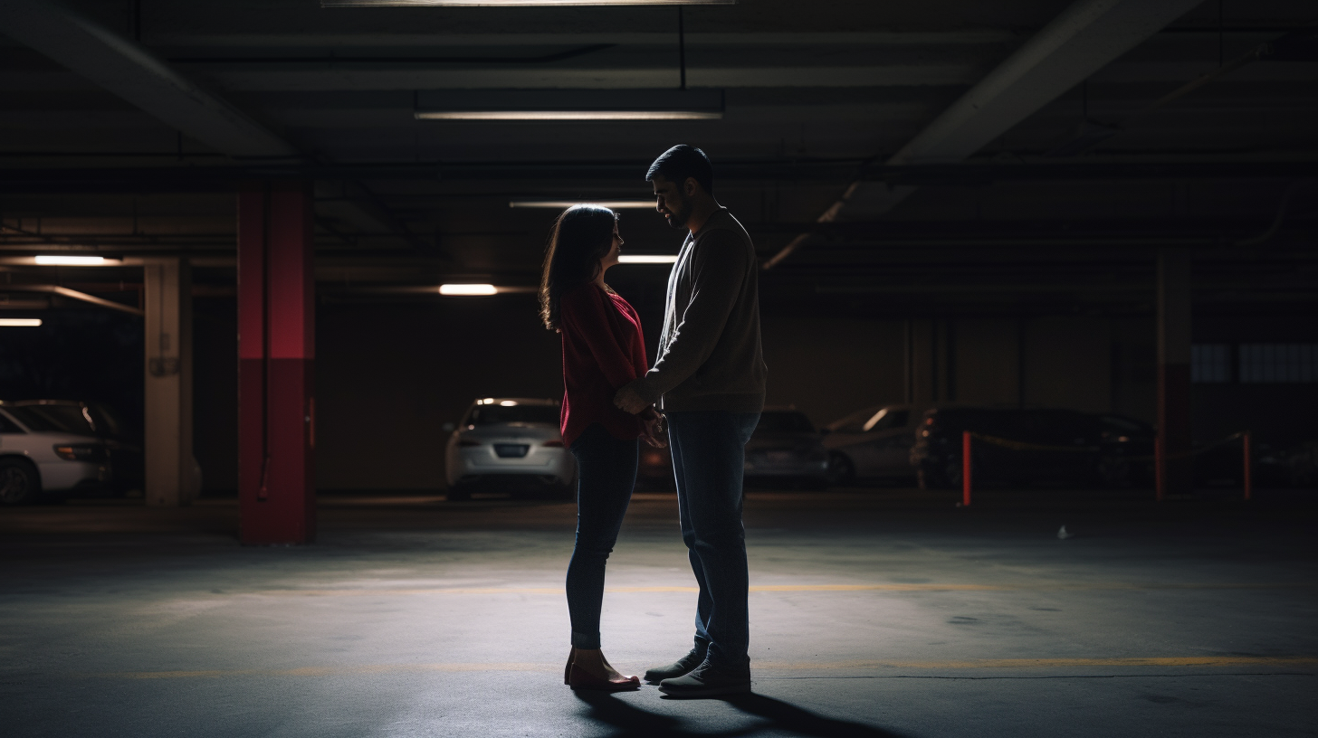 Hispanic couple in dimly lit city parking