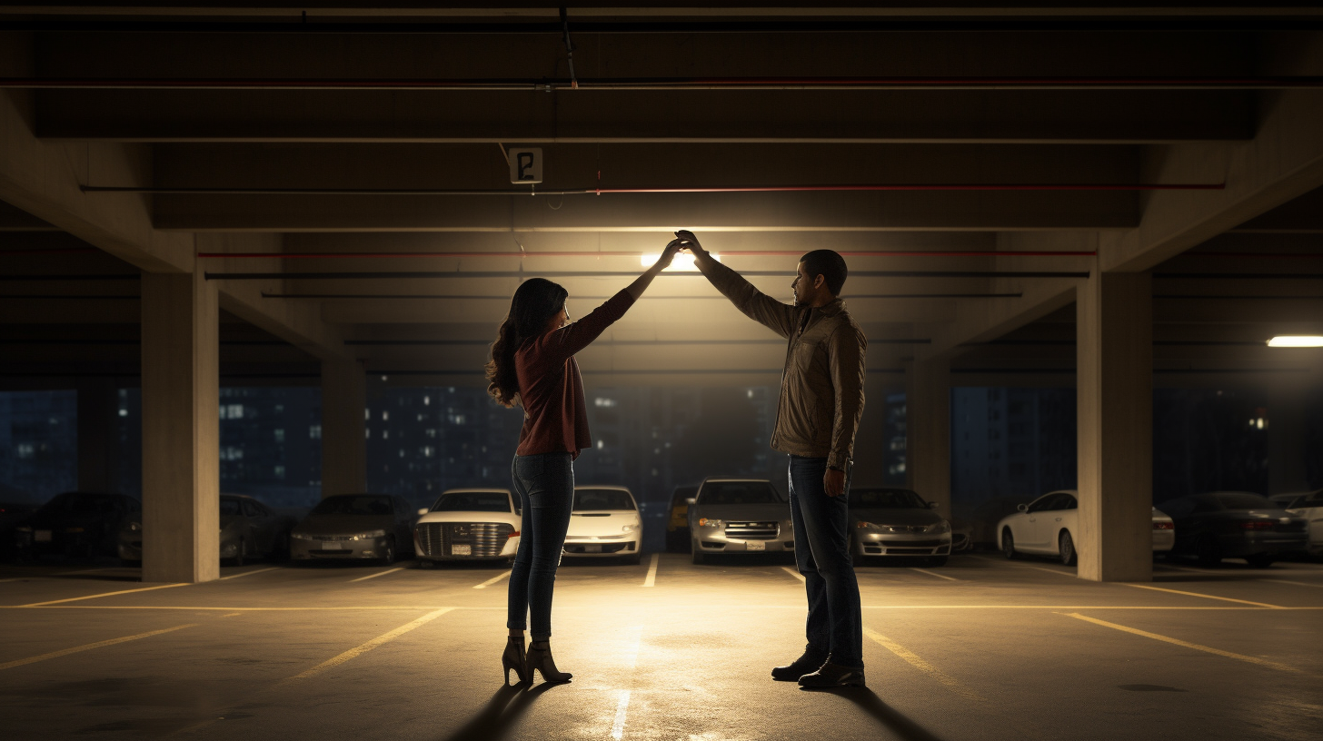 Hispanic couple transferring electricity with hands