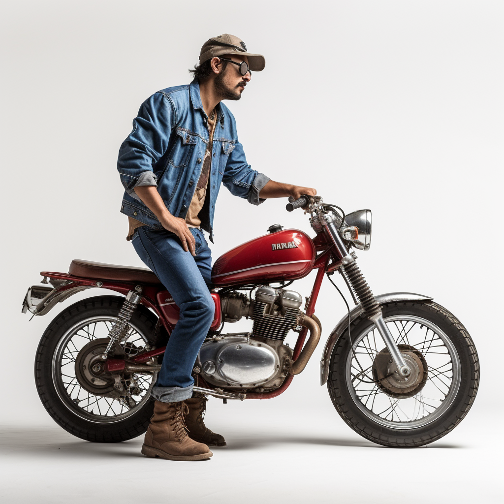 Hispanic man on motorcycle with denim jacket