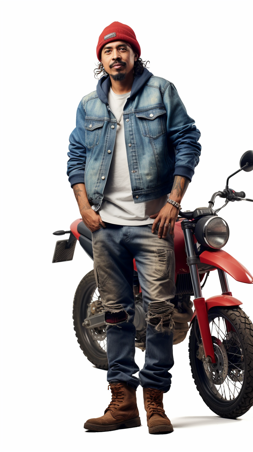 Hispanic man in denim jacket hugging Honda motorcycle