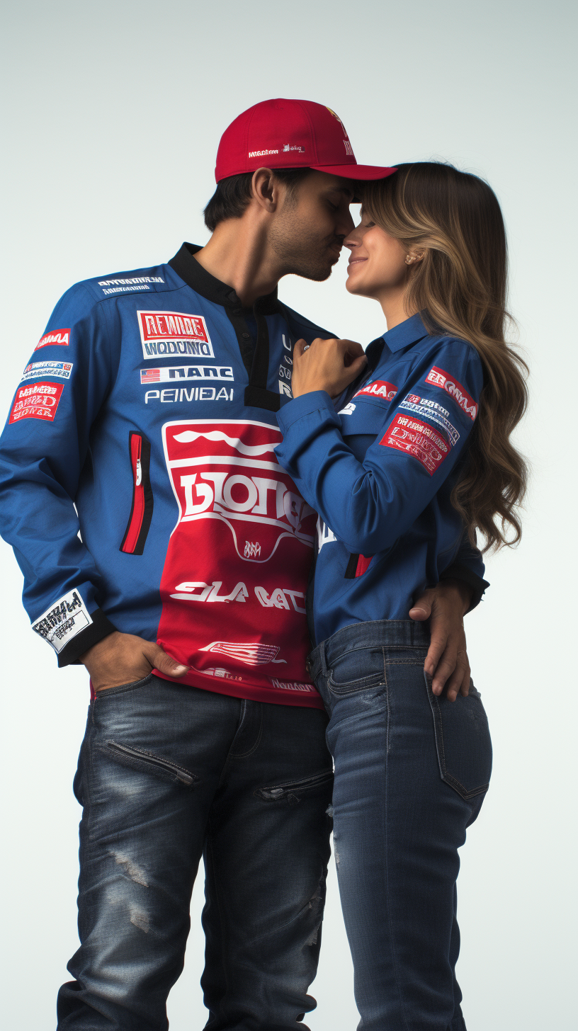 Hispanic man and woman kissing wearing denim jacket and helmet