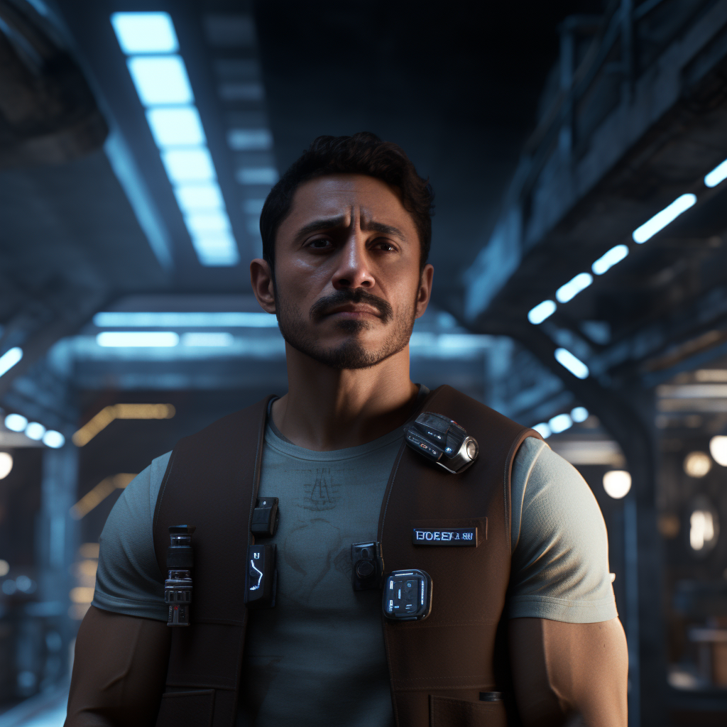 Hispanic space adventurer brooding in cinematic background