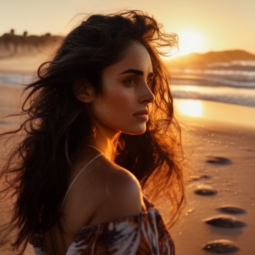 Beautiful Hispanic Woman on Beach at Dawn