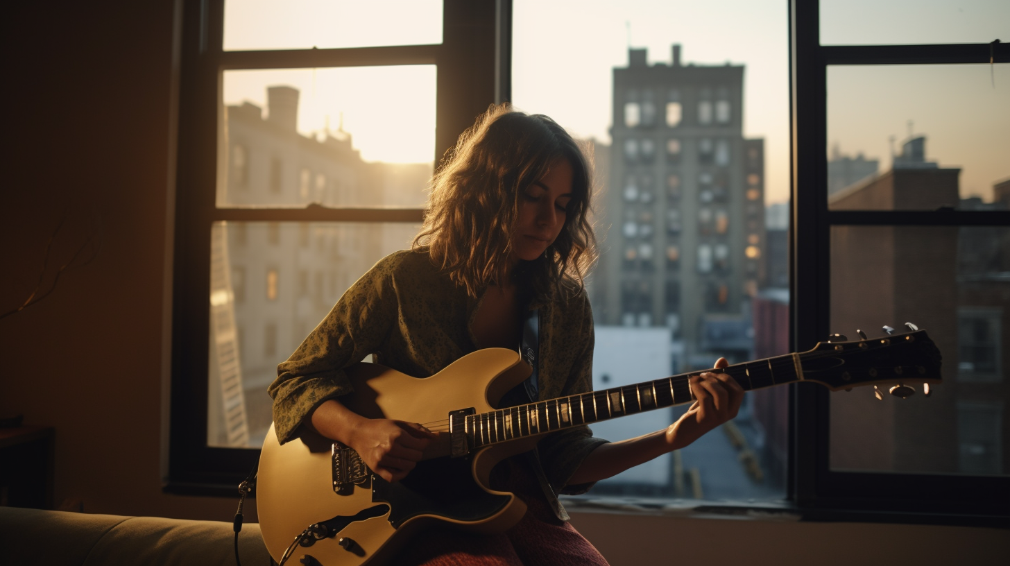 Hispanic woman playing electric guitar in NYC apartment