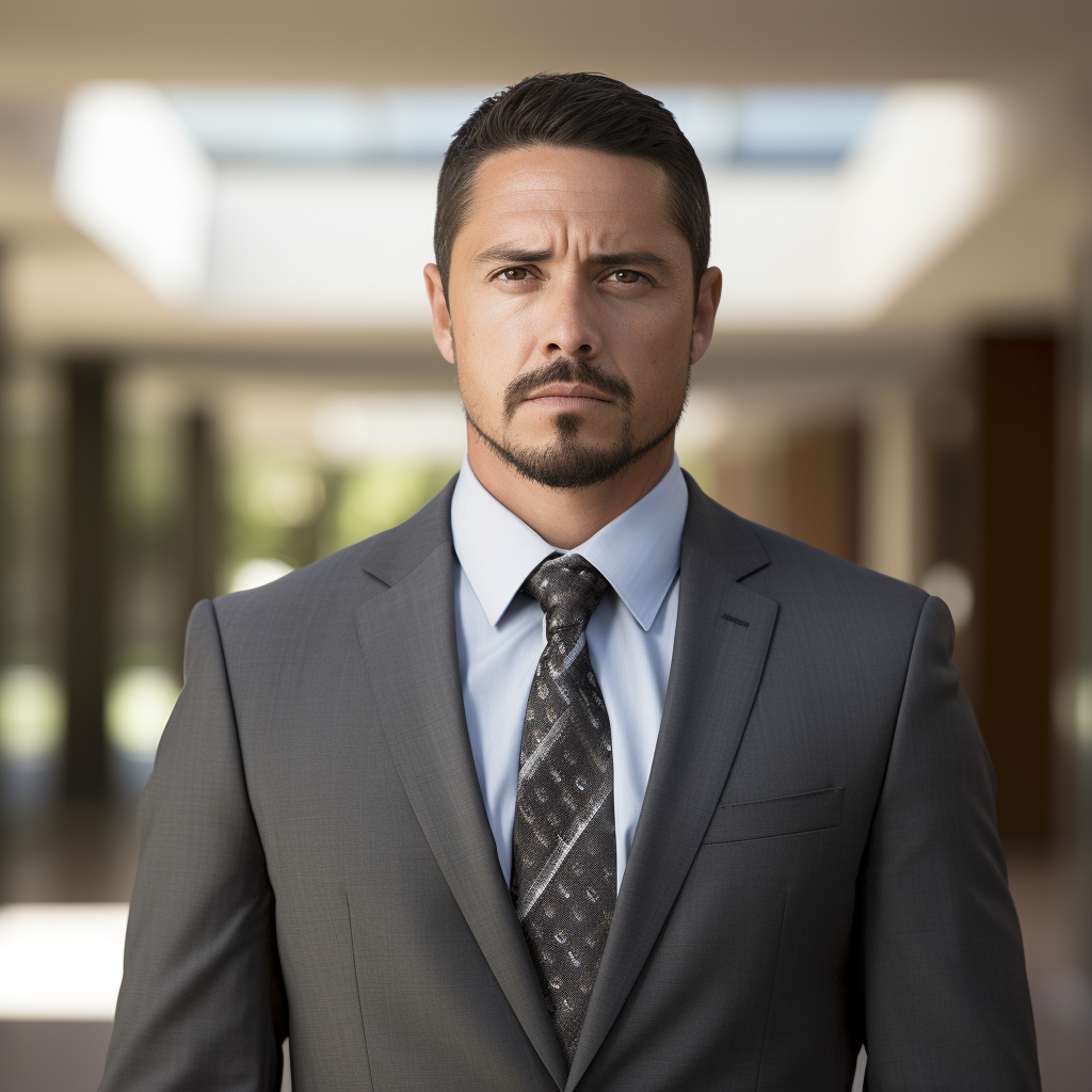 Portrait of Hispanic man in gray suit with goatee