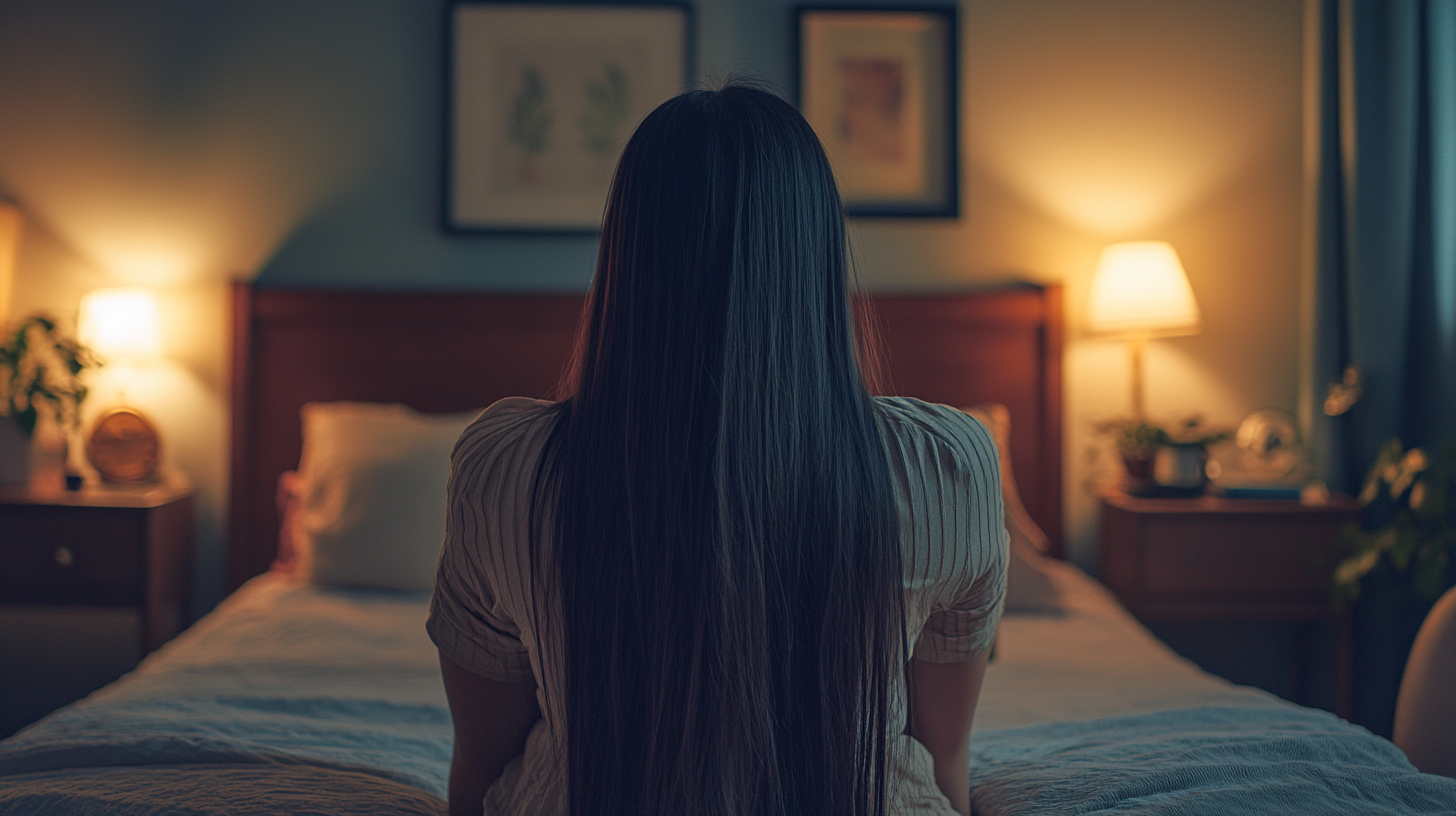 Hispanic woman in cozy bedroom