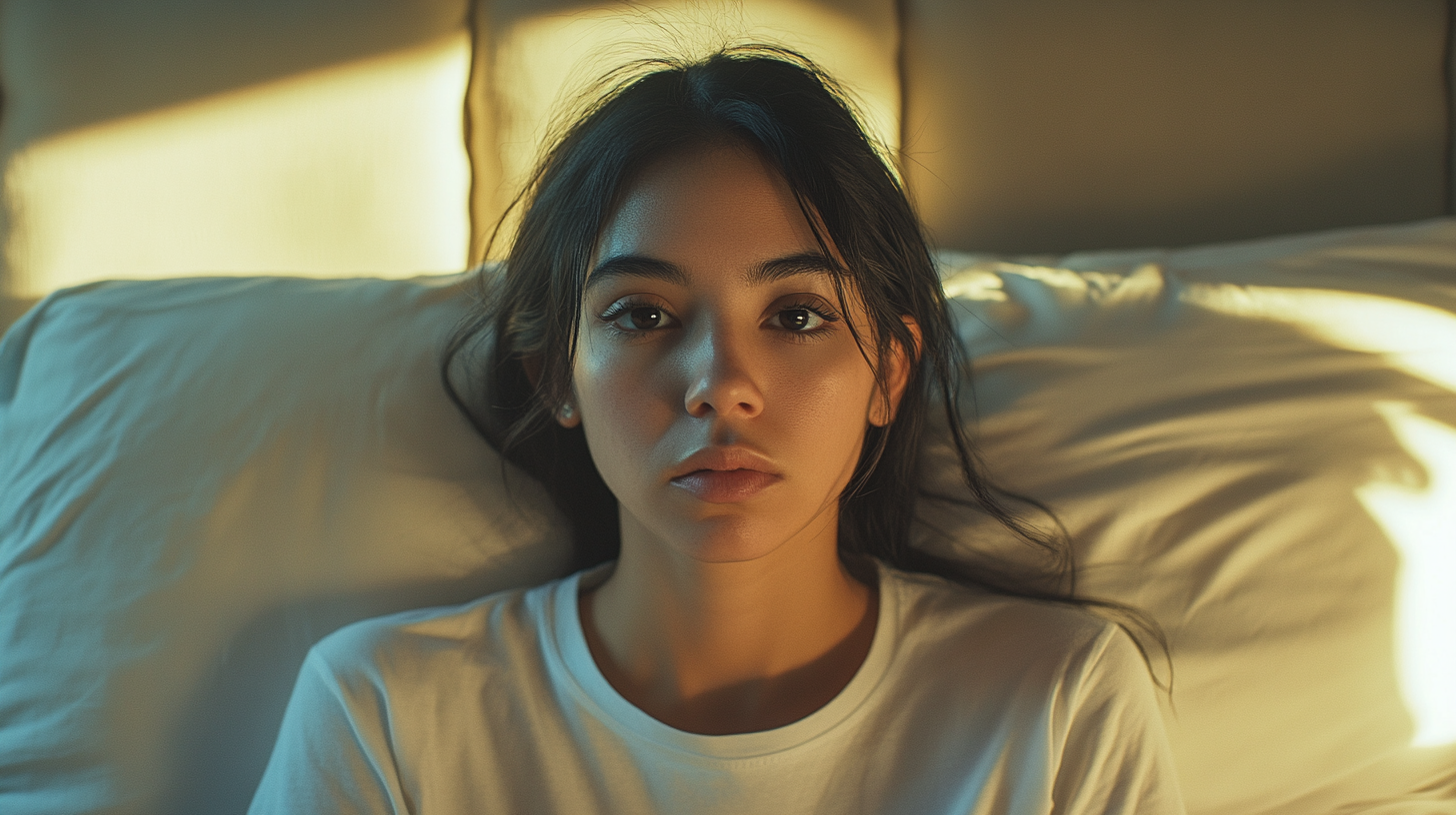 Hispanic woman sitting in bed smiling