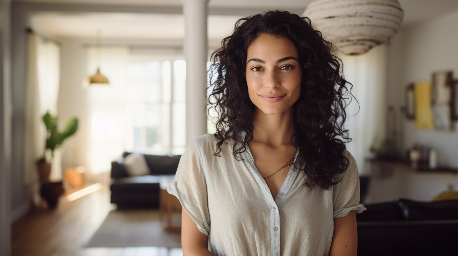 Hispanic woman dark hair modern apartment