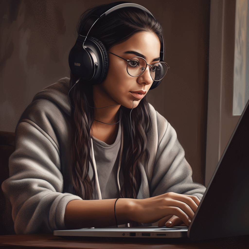 Hispanic woman using laptop with headset