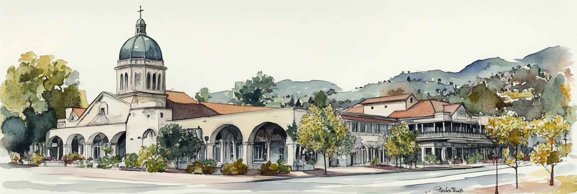 Historic Town Municipal Center Watercolor Image