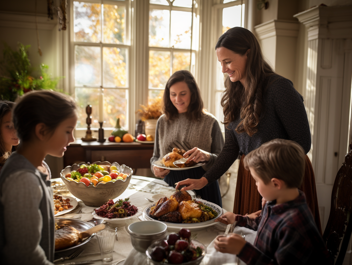 Family serving Thanksgiving dinner in historic home