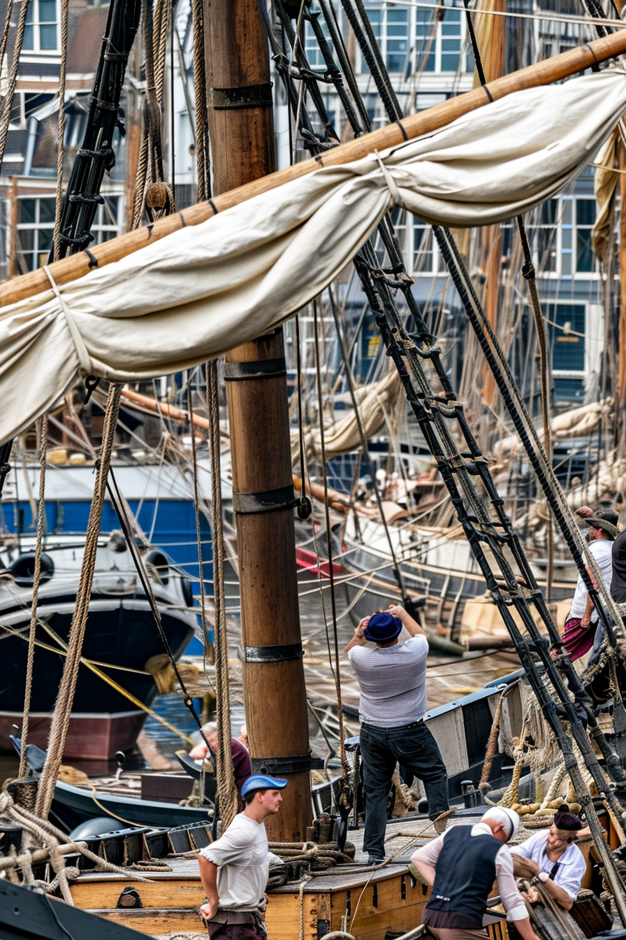 Busy workers loading ships in Amsterdam