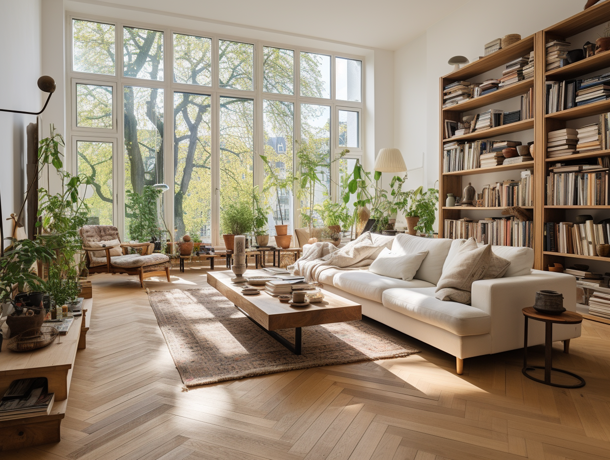 Modern and minimalist living room with parquet flooring