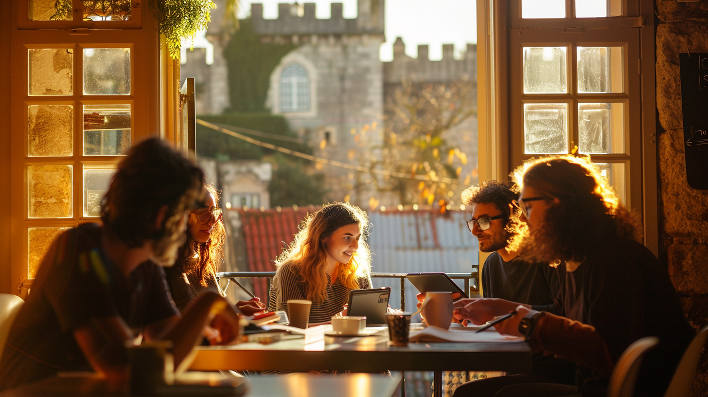 Diverse colleagues brainstorming in Lisbon