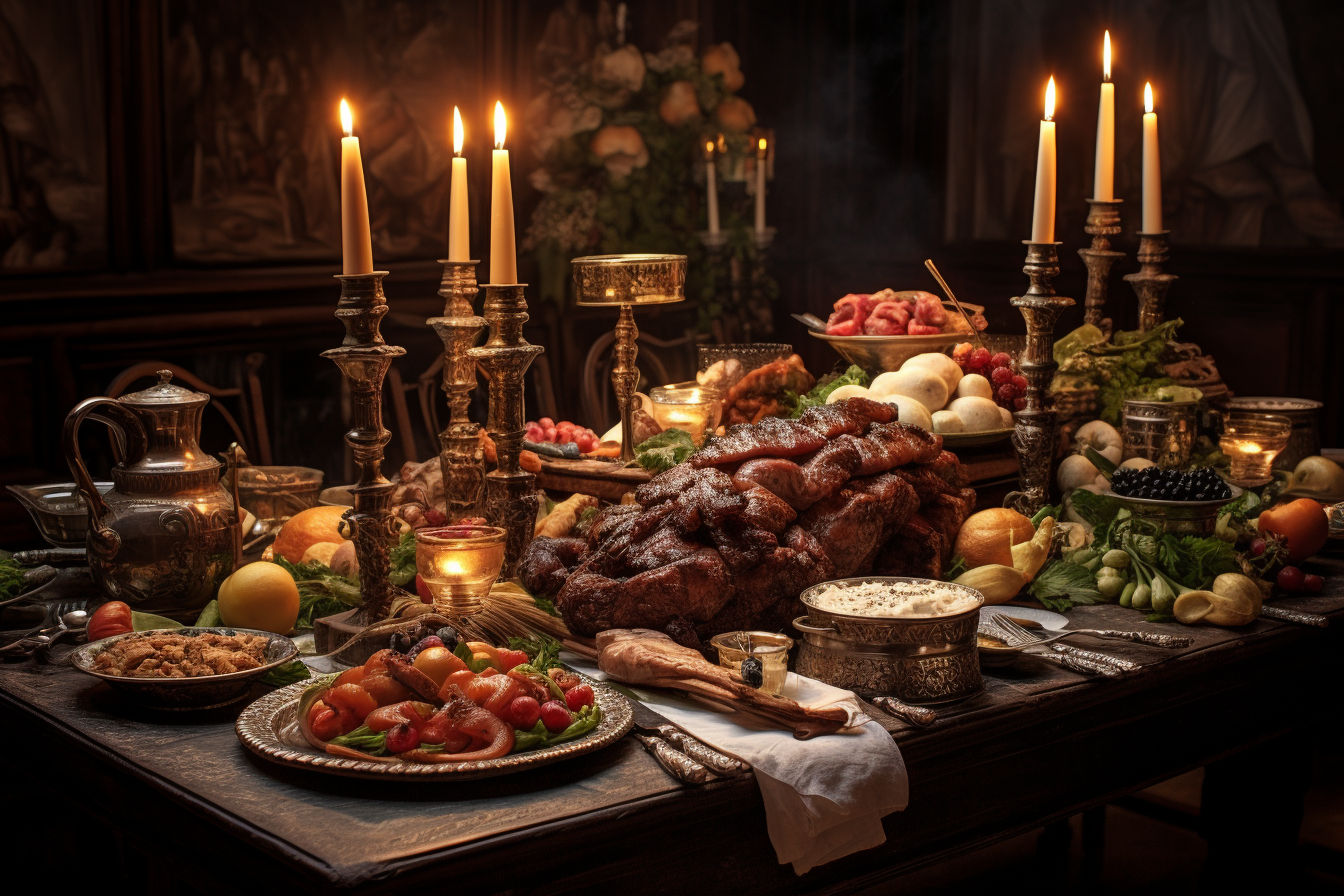 Historical supper table with meats and vegetables