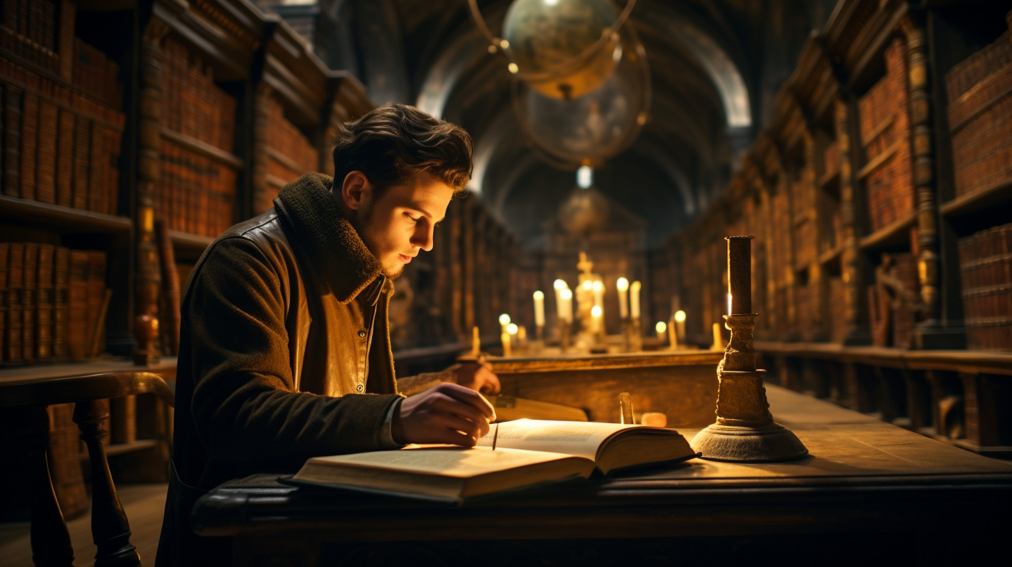 person reading history book in library