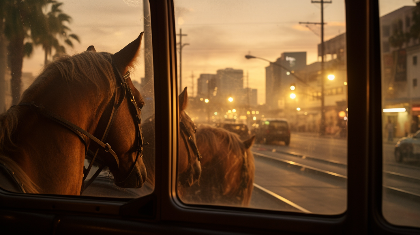 Two horses seen through hitching trailer windows