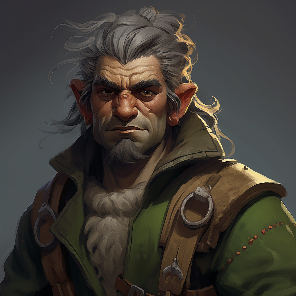 Hob wearing a green tunic with gray hair in a ponytail