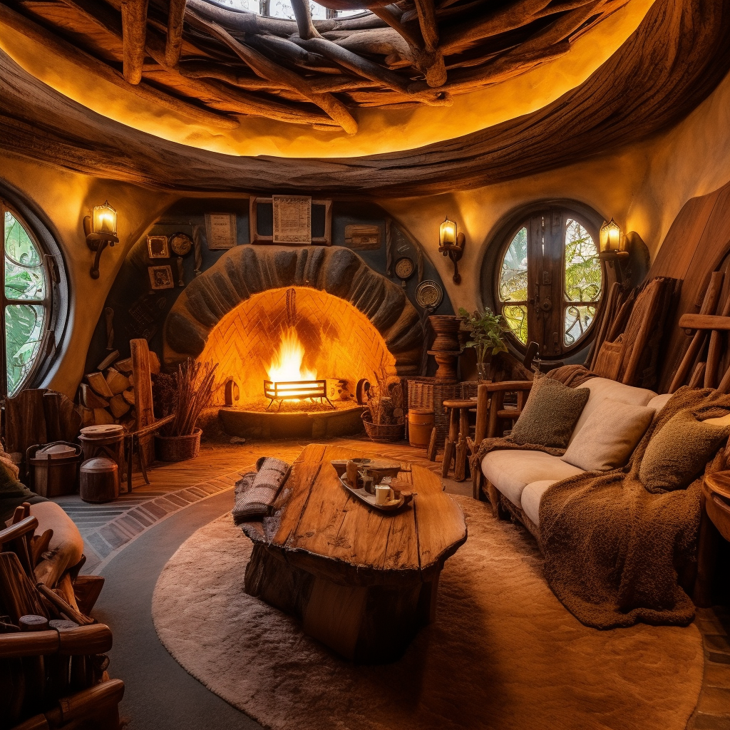 Cosy hobbit hole interior with burning fireplace