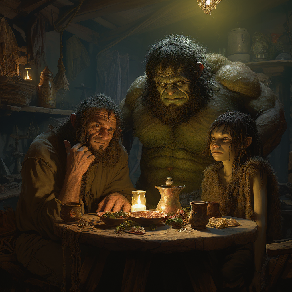 Hobbit and Orc Family Sitting in House