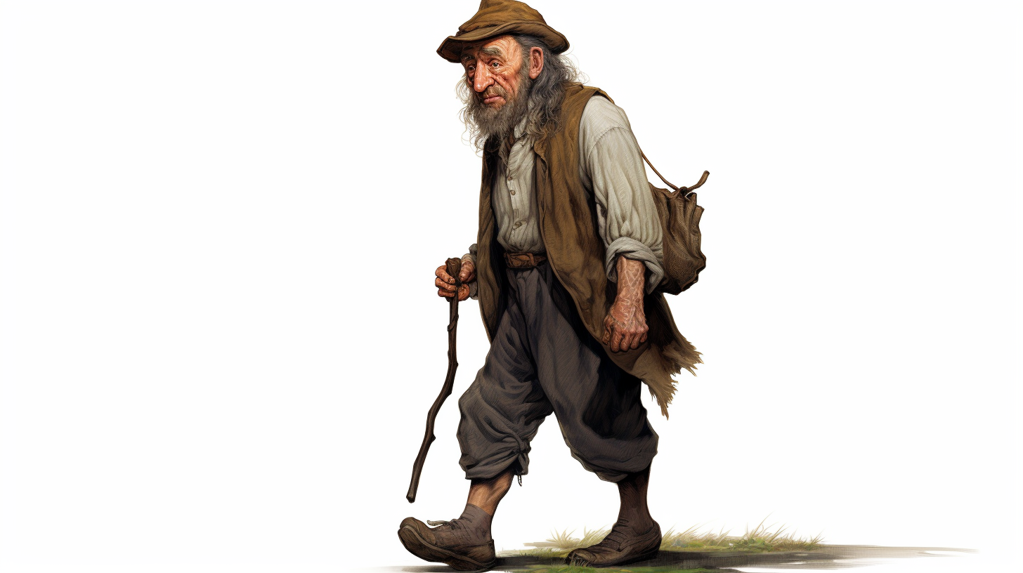 Middle-aged hobbit traveler with feather in cap