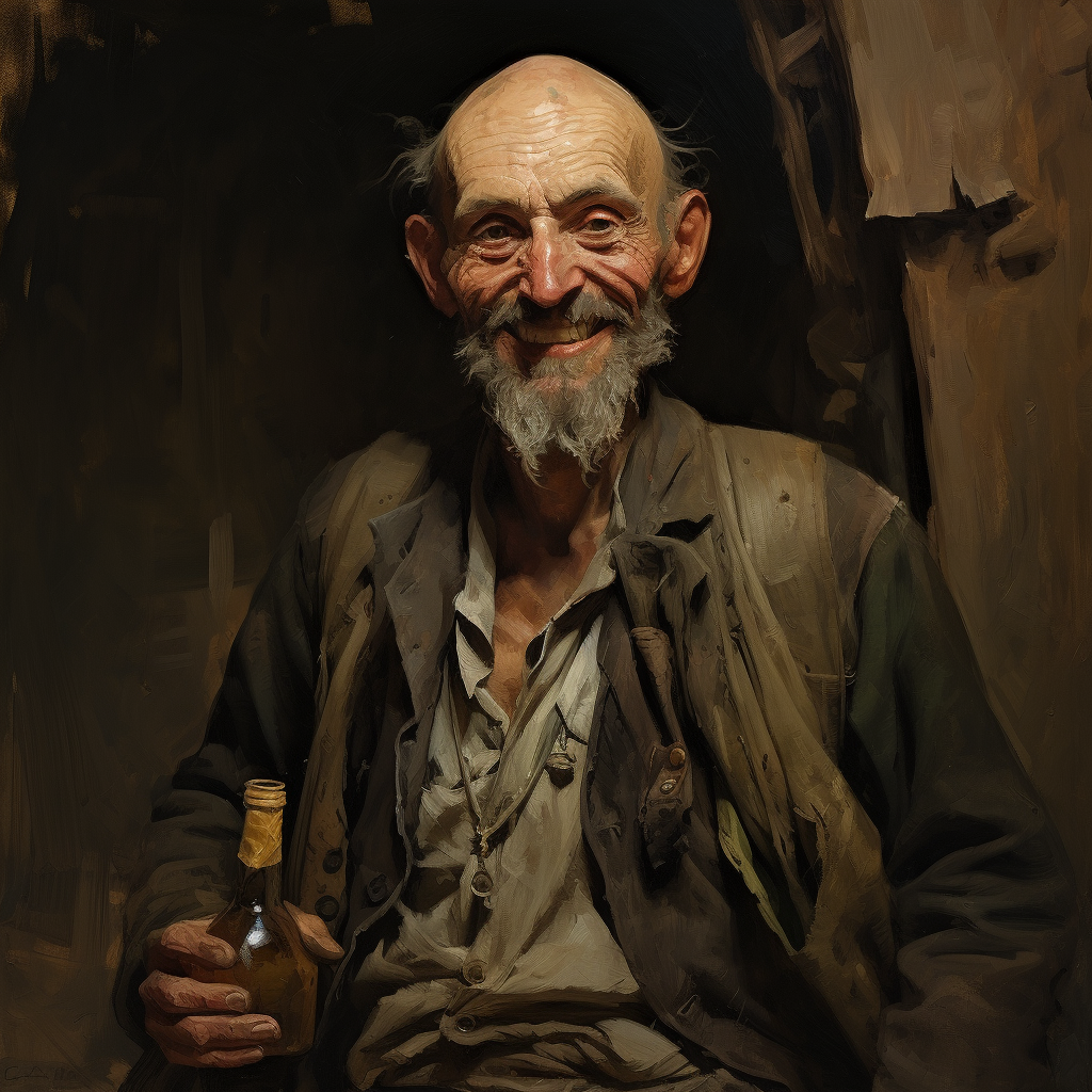 Bald hobo man holding dynamite in 1870 painting