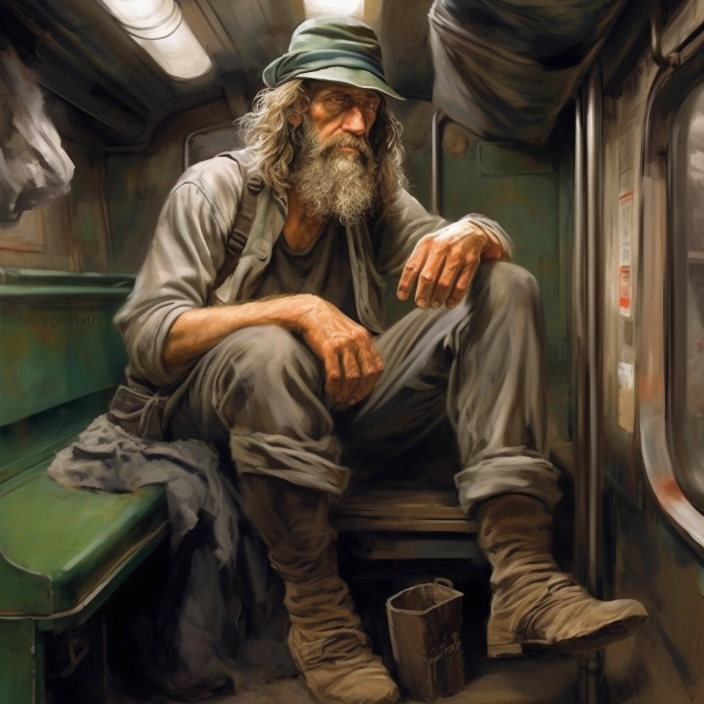 Hobo riding train with feet out