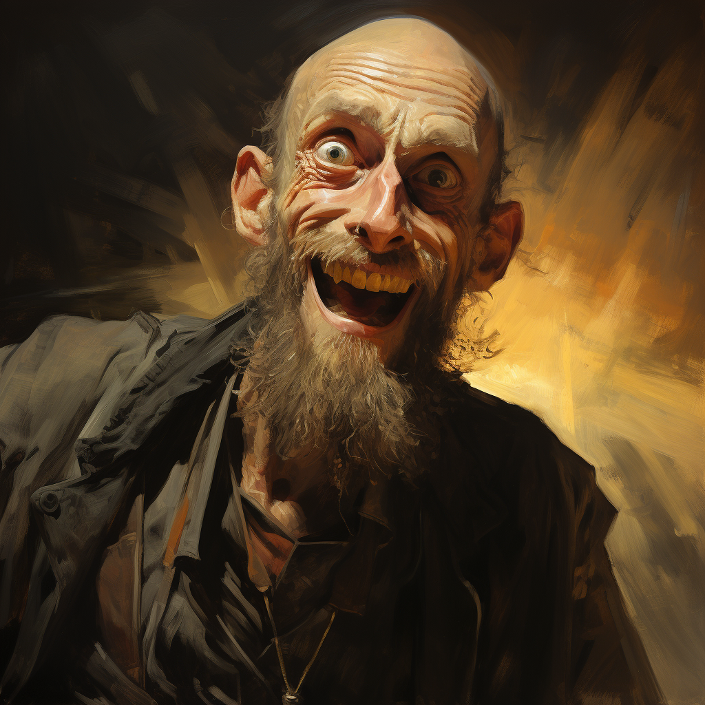 Old hobo man with missing teeth holding dynamite