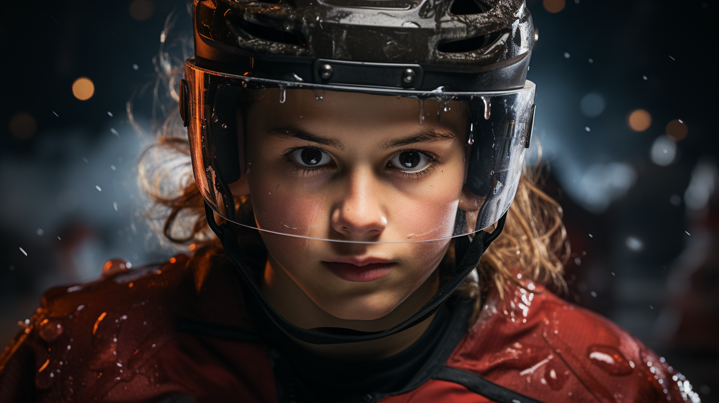 Young ice hockey player with serious expression